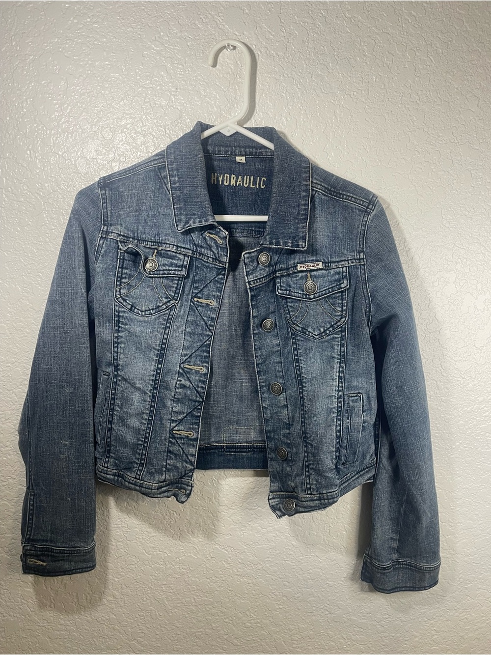 Hydraulic Distressed Medium Blue Denim Jacket